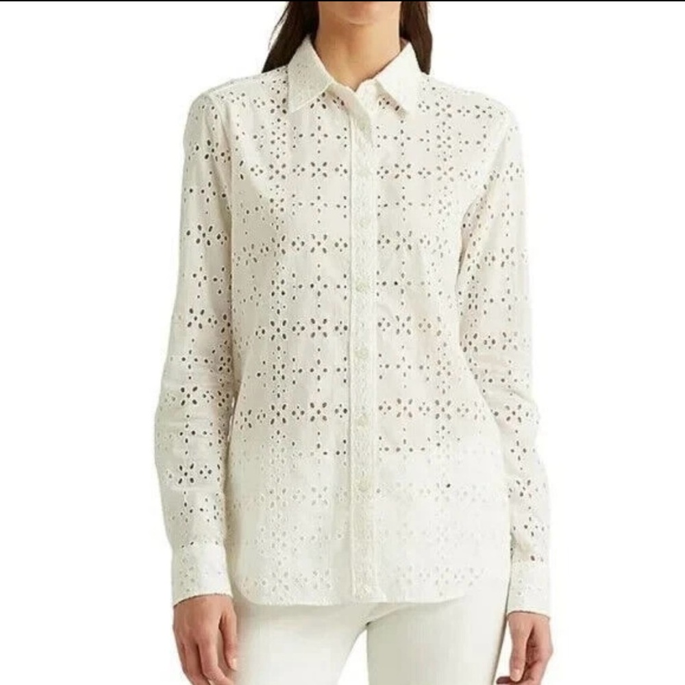 LAUREN RALPH LAUREN Cotton Eyelet Buttoned Top  Blouse Small Feminine Boho